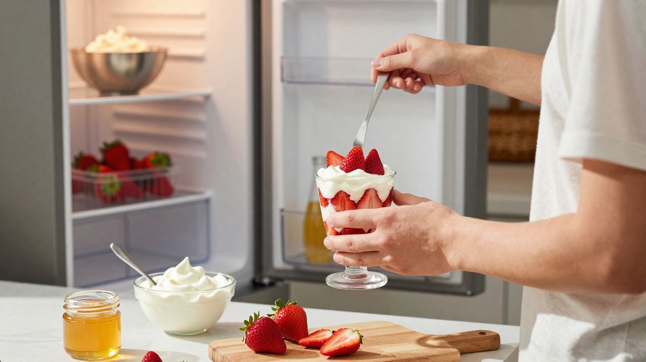 Personne préparant une verrine de fraises avec crème dans une cuisine devant un frigo ouvert.