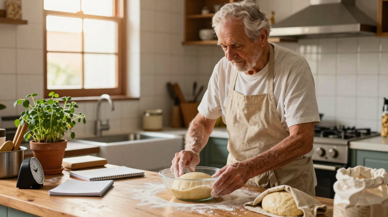 Homme âgé préparant de la pâte à pain dans une cuisine lumineuse avec plante et accessoires de cuisson.