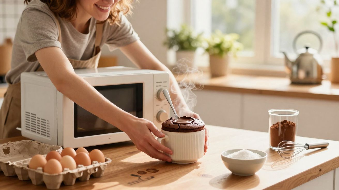 Jeune femme souriante tenant un gâteau chaud cuit au micro-ondes dans une cuisine lumineuse.