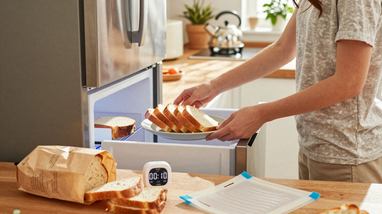 Personne plaçant des tranches de pain dans un congélateur tiroir dans une cuisine moderne.