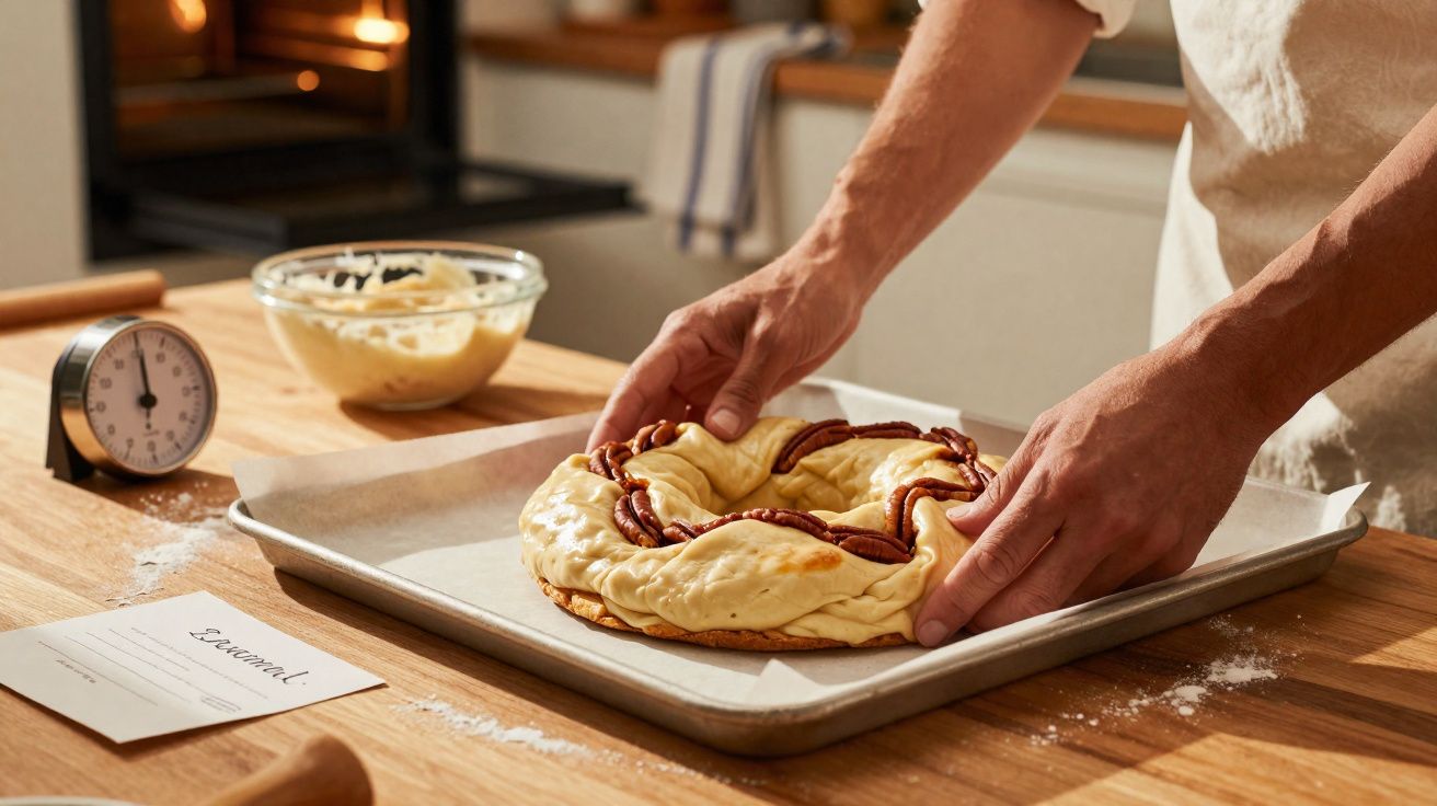 Gros plan sur des mains façonnant une couronne de pâte à la cannelle sur une plaque de cuisson en cuisine.