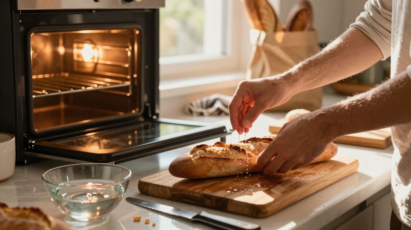 Une personne saupoudre du sel sur une baguette fraîche posée sur une planche en bois dans une cuisine.