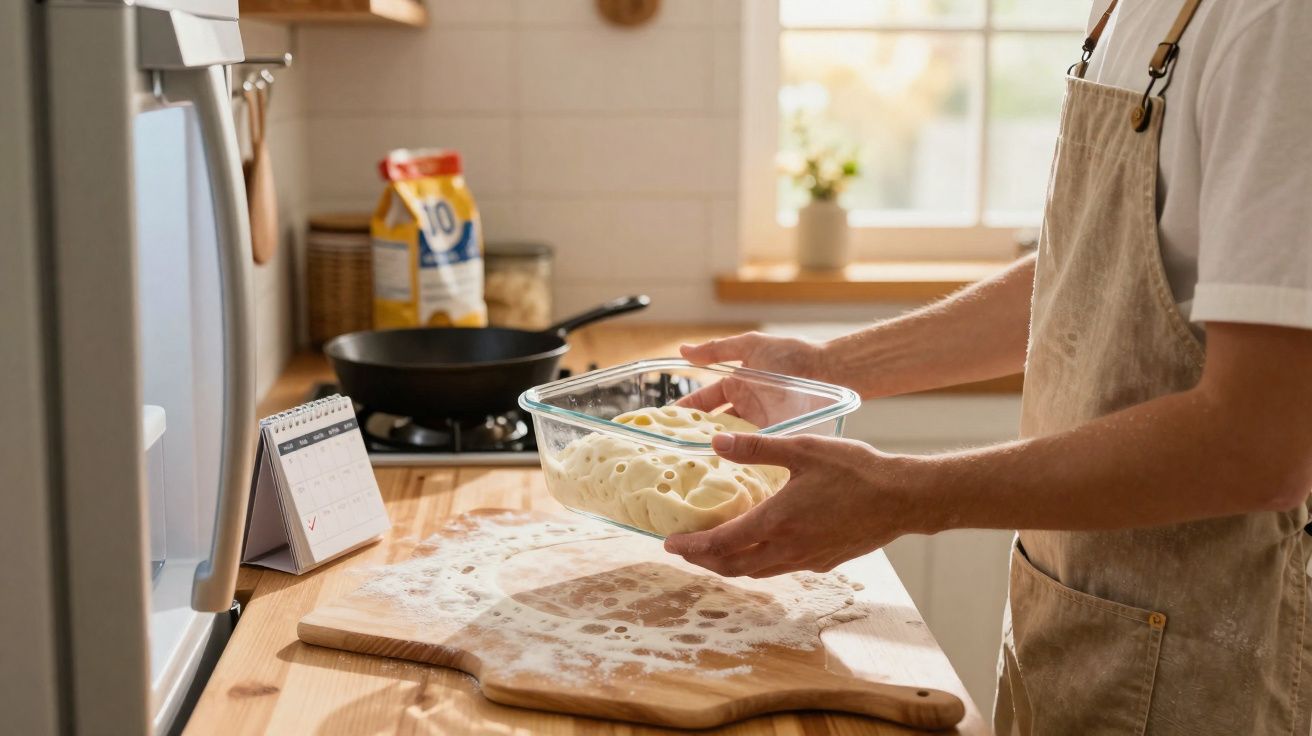 Personne en tablier préparant de la pâte avec des emporte-pièces dans une cuisine lumineuse.
