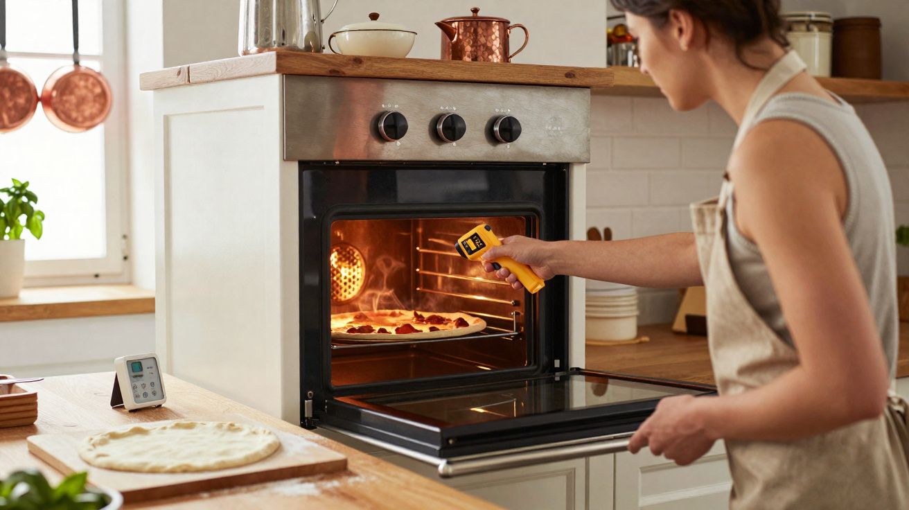 Femme mesurant la température d'une pizza dans un four ouvert dans une cuisine moderne ensoleillée.