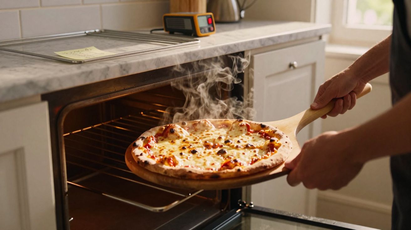 Personne sortant une pizza chaude et fumante du four dans une cuisine lumineuse.