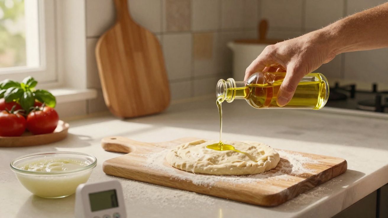 Une main verse de l'huile d'olive sur une pâte à pain posée sur une planche en bois dans une cuisine.