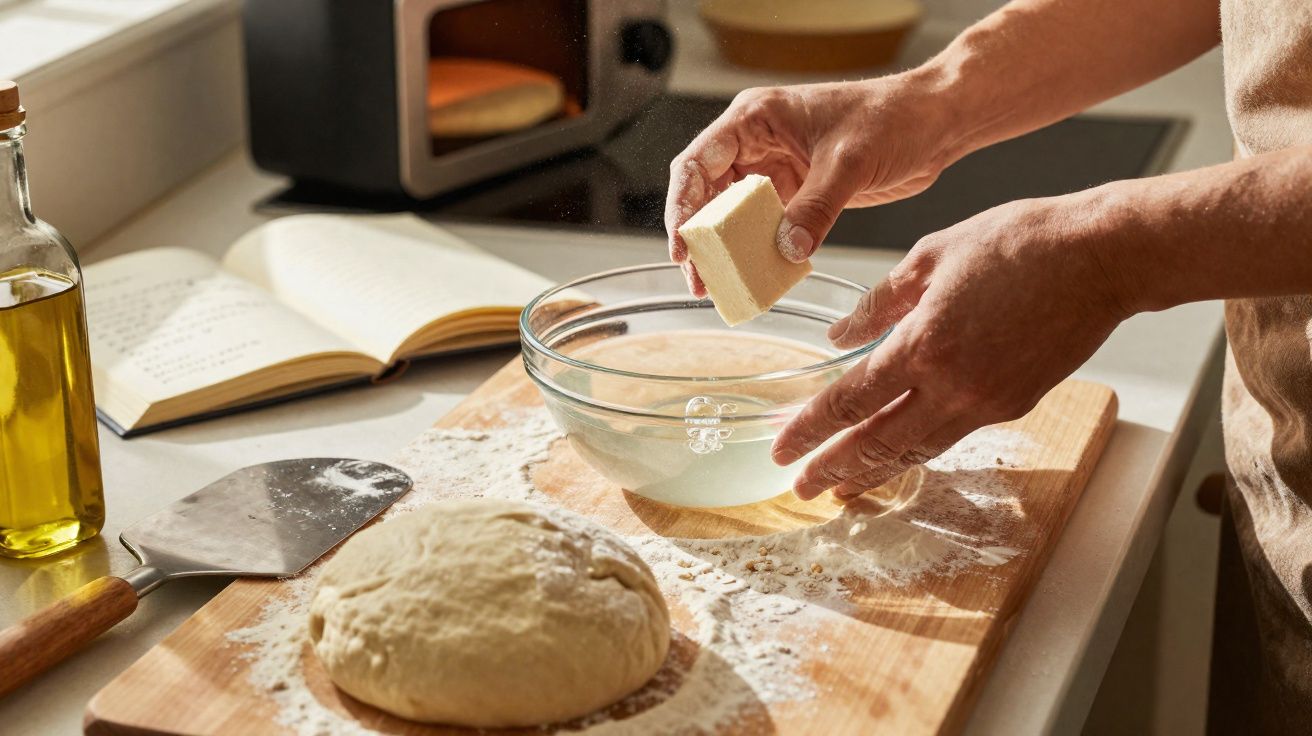 Mains ajoutant de la levure dans un bol d'eau près d'une pâte à pain sur planche en bois, livre de recette ouvert.
