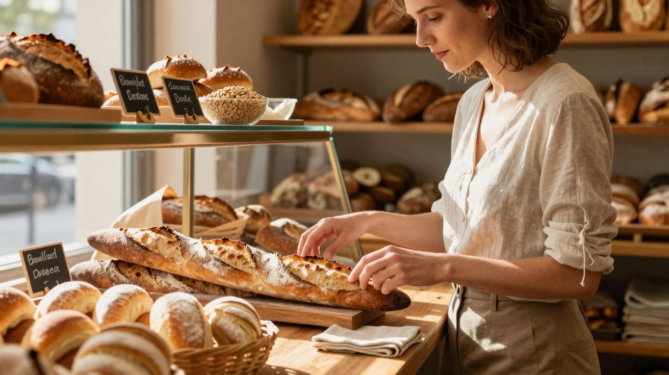 Femme choisissant une baguette dans une boulangerie avec divers pains artisanaux en arrière-plan.