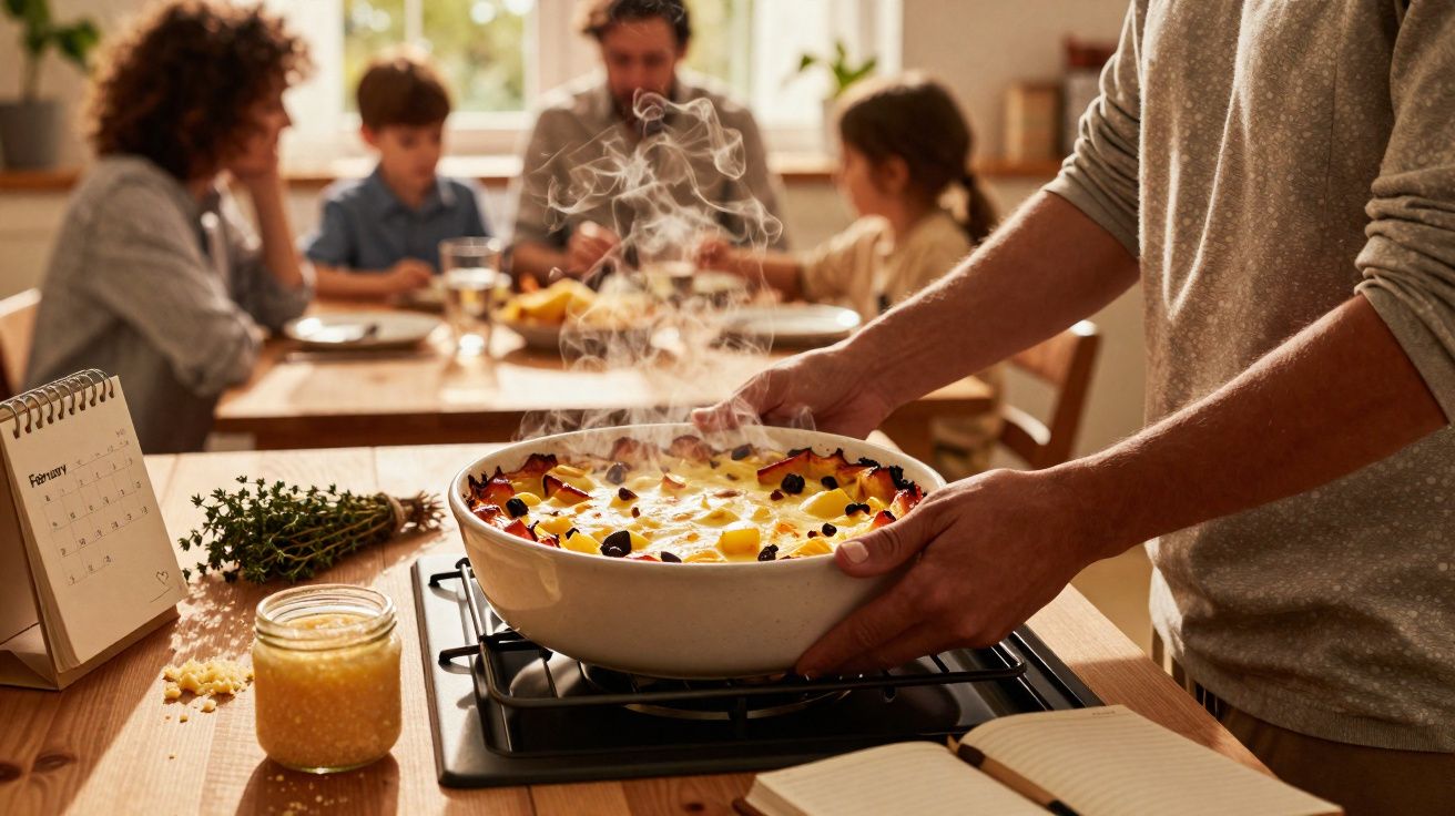 Personne sort un plat chaud du four pendant qu’une famille déjeune à table en arrière-plan.