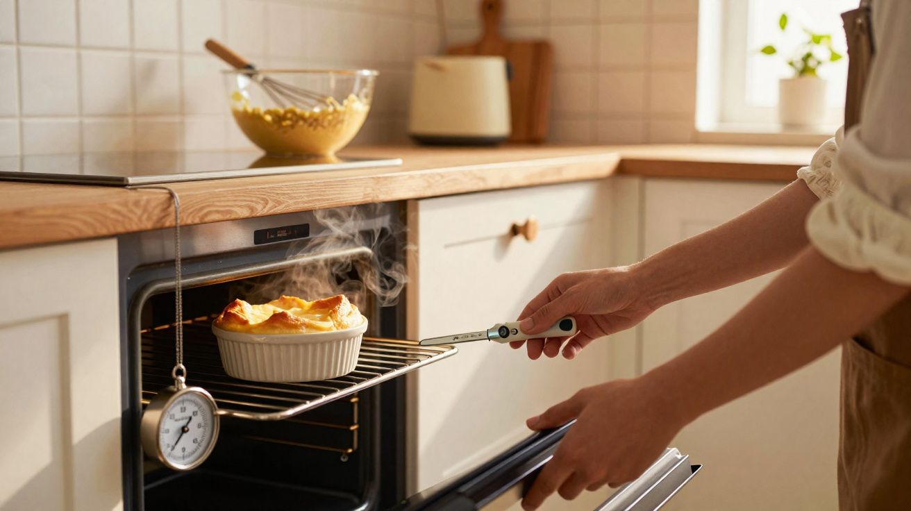 Une personne sort un plat chaud et fumant d’un four encastré dans une cuisine lumineuse.