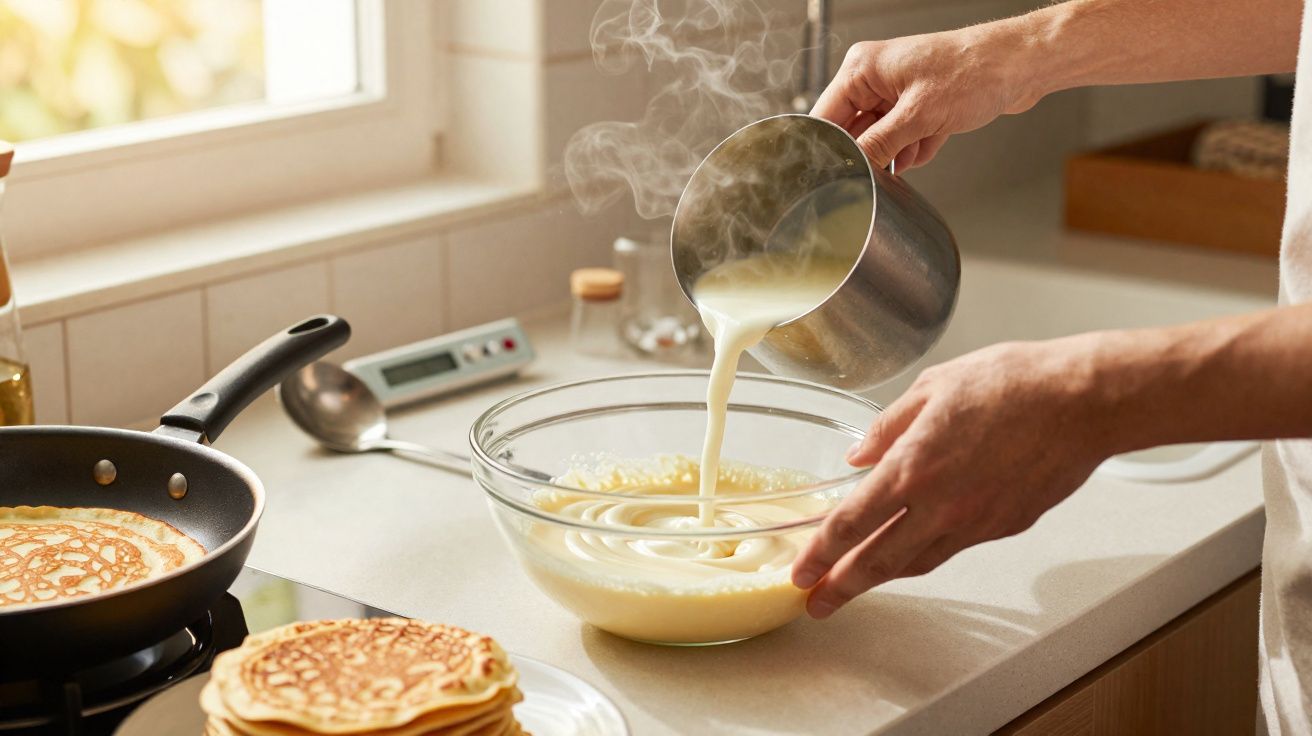 Personne versant un liquide chaud dans un saladier pour préparer une pâte à crêpes en cuisine.