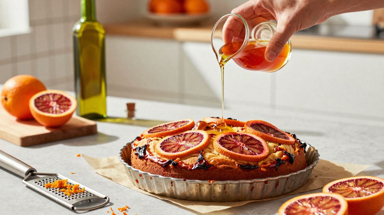 Main versant du sirop sur un gâteau orné de tranches d'orange sanguine dans une cuisine lumineuse.