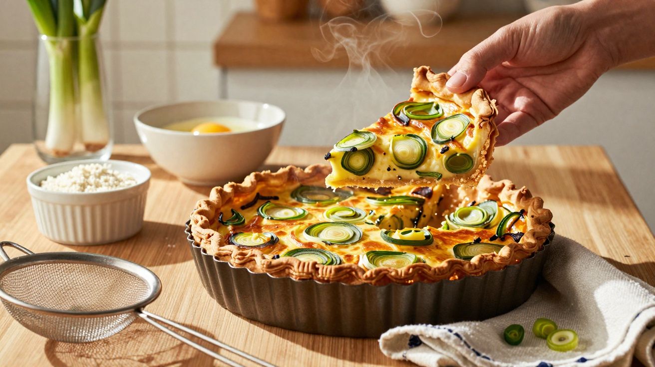 Tarte chaude aux poireaux avec une main qui soulève une part sur une table en bois, ingrédients en arrière-plan.