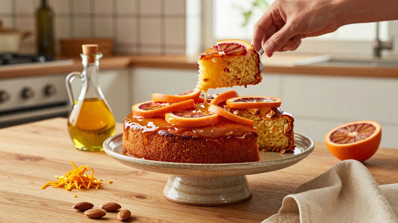 Gâteau à l'orange sanguine avec glaçage et amandes, une main prend une part dans une cuisine.