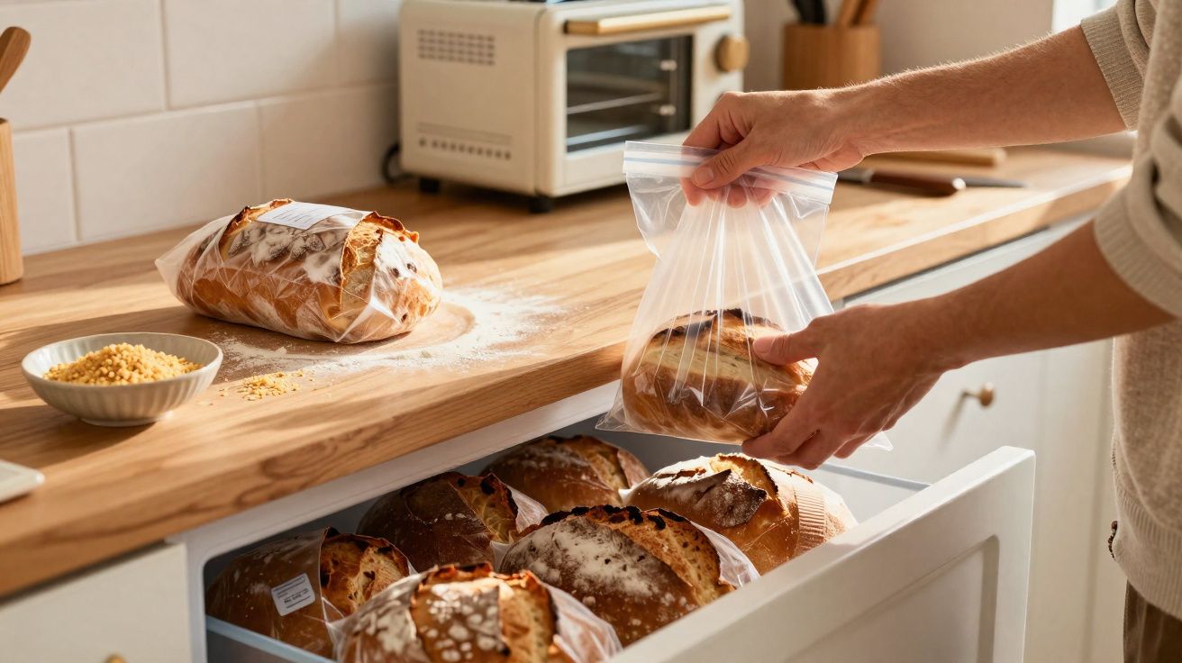 Personne range un pain dans un sac plastique dans une cuisine avec plusieurs pains sur le plan de travail.