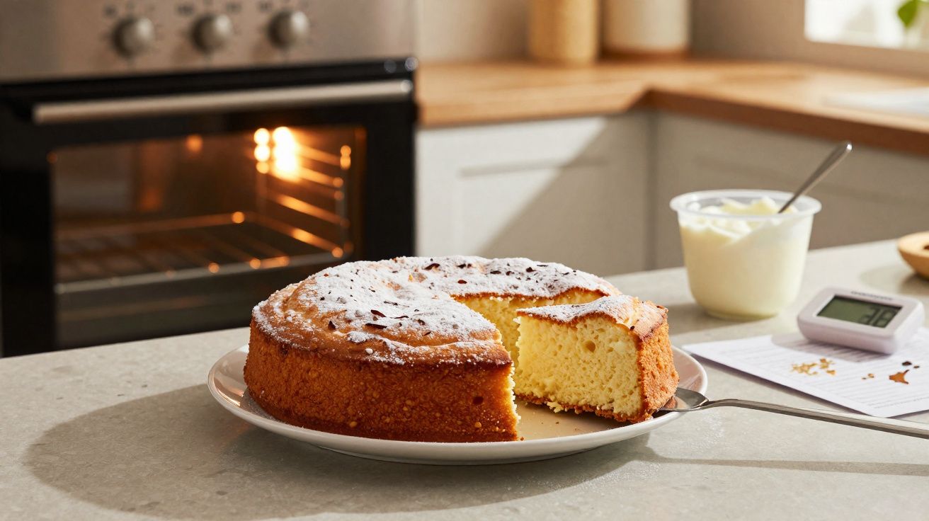 Gâteau moelleux saupoudré de sucre glace avec une part découpée sur une assiette dans une cuisine.