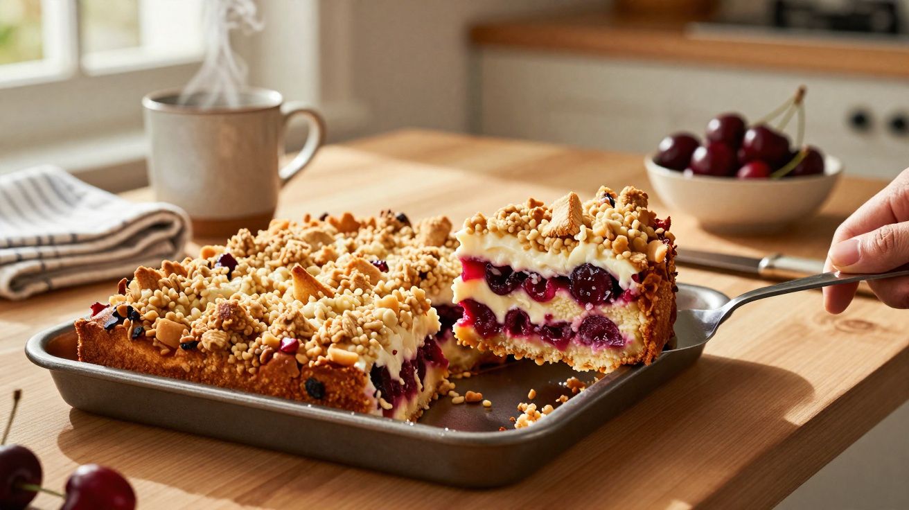 Gâteau carré aux cerises avec crumble croquant et crème, posé sur un plateau au-dessus d'une table en bois.