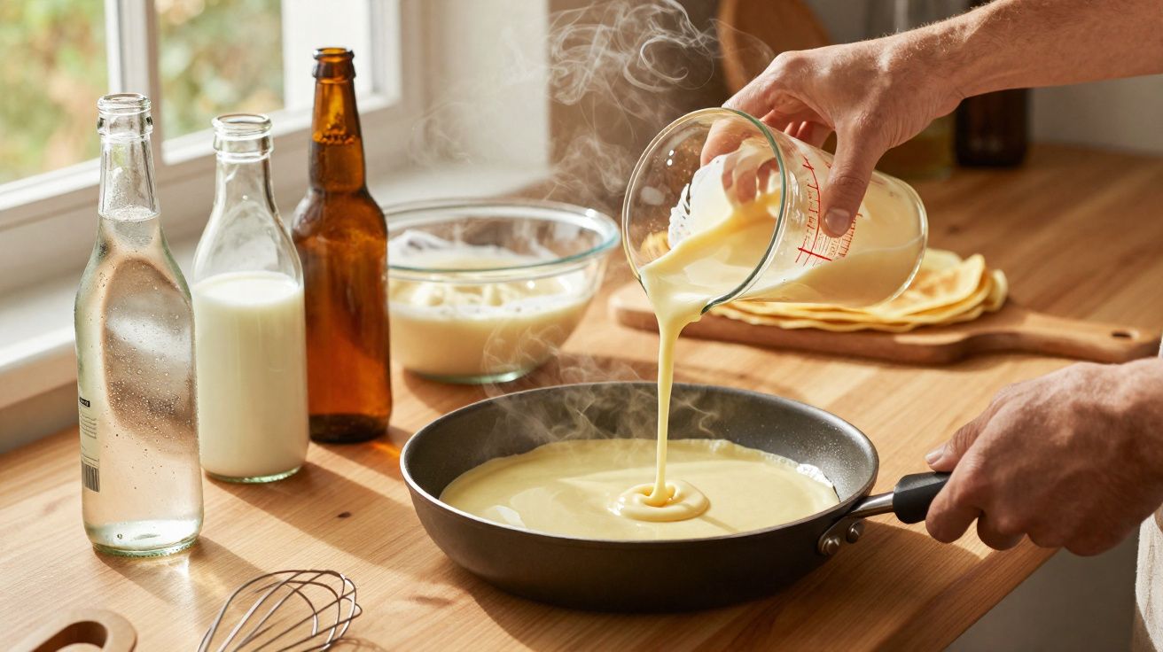 Une personne verse une pâte à crêpes dans une poêle chaude sur un plan de travail en bois.