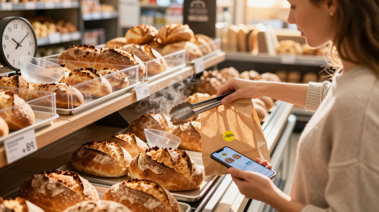 Femme achetant du pain frais dans une boulangerie, utilisant des pinces et tenant un sac en papier avec smartphone.