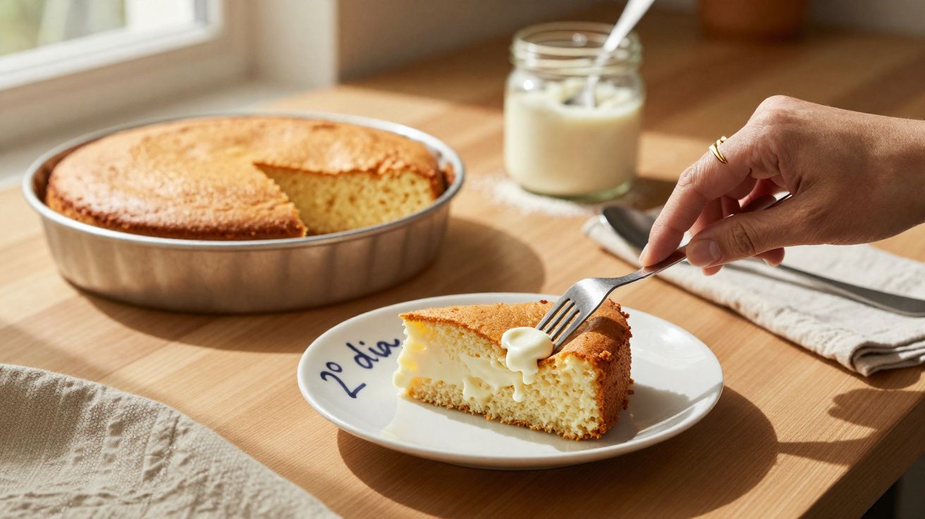 Part de gâteau moelleux au four avec crème fondante, une main tient une fourchette dessus, sur table en bois.